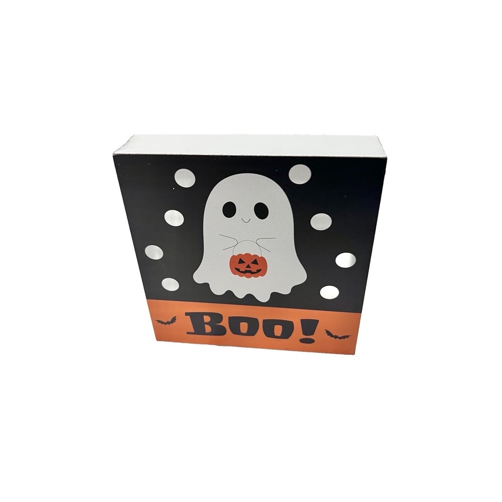 Boo Halloween Ghost Freestanding Wood Sign Desk Shelf Decor Holiday Accessory - Picture 2 of 6